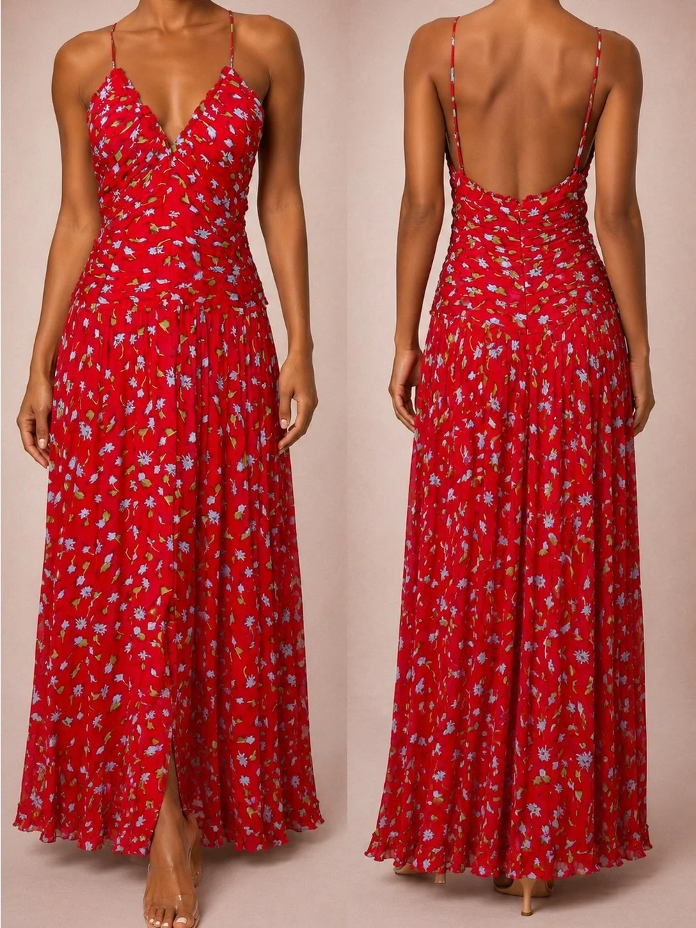 J. Crew Red Floral V-Neck Spaghetti Strap Maxi Dress